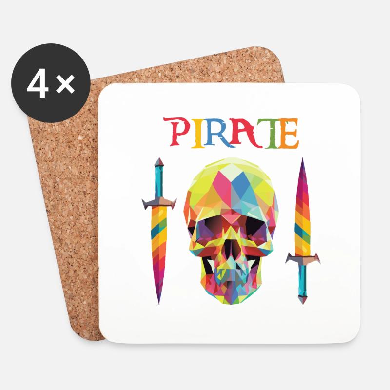 Pirat - Low-Poly-Schädel - Untersetzer (4er-Set) - Weiß