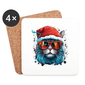 T-shirt chat avec bonnet de Père Noël pour Noël - Dessous de verre (lot de 4) - blanc - Devant