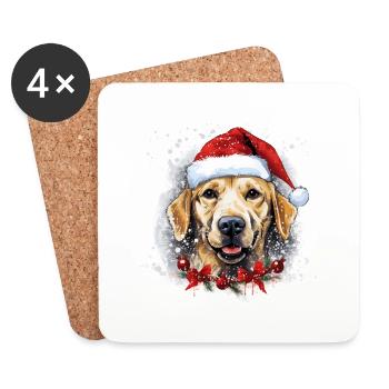 Frohe Weihnachten mit Hund & Weihnachtsmütze - Untersetzer (4er-Set) - Weiß - Vorne