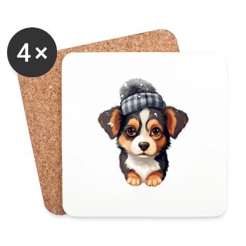 Animals in winter puppy dog with cap - Coasters (set of 4) - white - Front