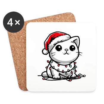 Niedliche Weihnachtskatze Weihnachtsmütze Weihnachtsbeleuchtung - Untersetzer (4er-Set) - Weiß - Vorne