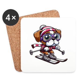 Boxer dog on skis - winter holiday in comic style - Coasters (set of 4) - white - Front