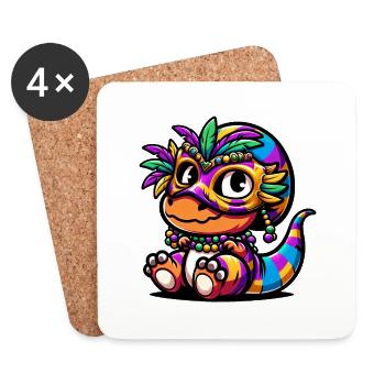 Mardi Gras Dino T-Rex: Carnival Mask and Beads - Coasters (set of 4) - white - Front
