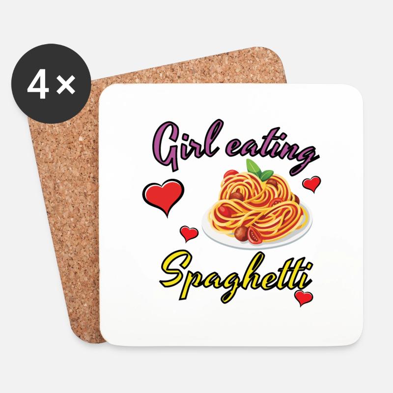 Mädchen isst Spaghetti, lustiges Design - Untersetzer (4er-Set) - Weiß