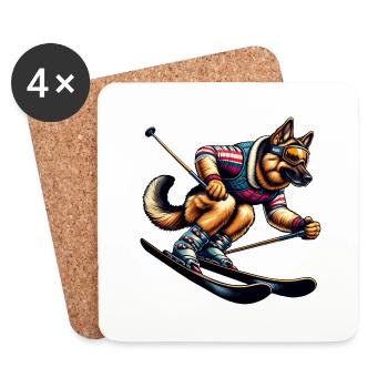 German Shepherd Ski Winter Adventure - Coasters (set of 4) - white - Front