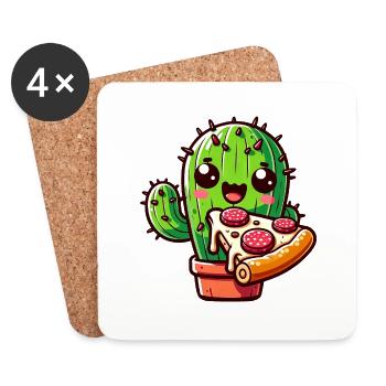 Kawaii Kaktus mit Pizza, Comic-Stil - Untersetzer (4er-Set) - Weiß - Vorne