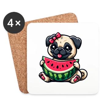 Cute Pug Dog Girl with Watermelon - Coasters (set of 4) - white - Front