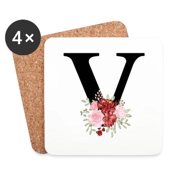 Lettre v floral rouge - Dessous de verre (lot de 4) - blanc - Devant