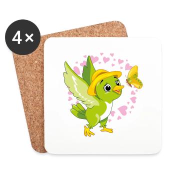 Cute green bird playing with butterfly - Coasters (set of 4) - white - Front