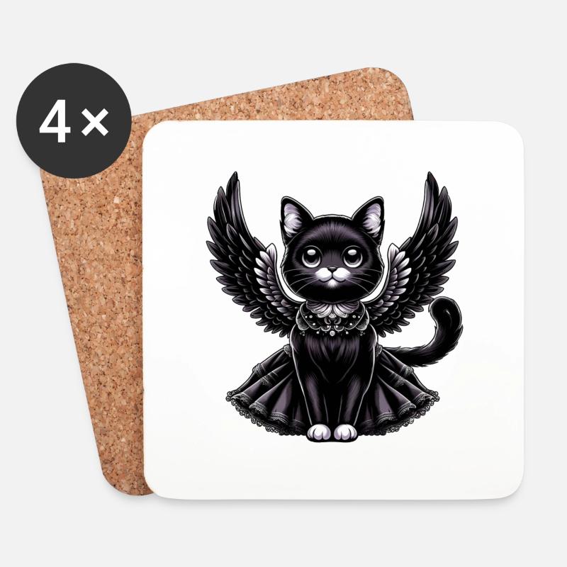 Schwarze Katze Gothic Engel Flügel Barock - Untersetzer (4er-Set) - Weiß