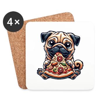 Chien Carlin Pizza Dessin animé Drôle Humour Nourriture - Dessous de verre (lot de 4) - blanc - Devant