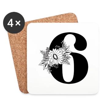 Numéro 6 floral noir -6e anniversaire floral - Dessous de verre (lot de 4) - blanc - Devant