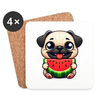 Cute Dog Pug Watermelon Summer Fruit Melon - Coasters (set of 4) - white - Front