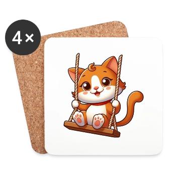 Chat de dessin animé mignon se balançant sur l’aire de jeux - Dessous de verre (lot de 4) - blanc - Devant