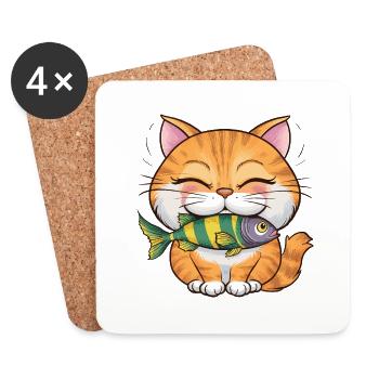 Niedliche Katze mit Fisch für Katzenbesitzer - Untersetzer (4er-Set) - Weiß - Vorne