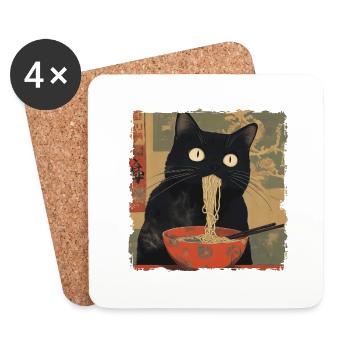 Anime Japanisch Kunst Schwarze Katze Ramen Ukiyo-e - Untersetzer (4er-Set) - Weiß - Vorne