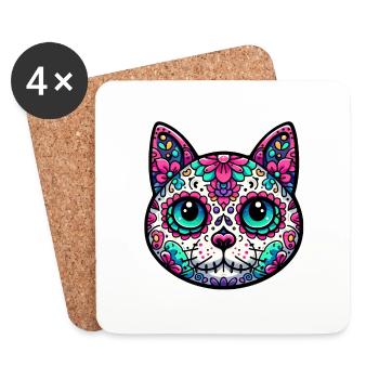 Crâne en sucre de chat coloré - Dessous de verre (lot de 4) - blanc - Devant