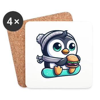 Pingouin drôle sur le snowboard avec burger - Dessous de verre (lot de 4) - blanc - Devant