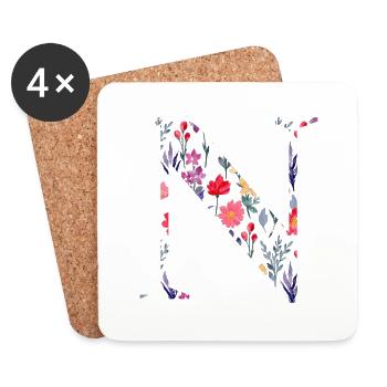 Lettre n personnalisée floral - idée cadeau - Dessous de verre (lot de 4) - blanc - Devant