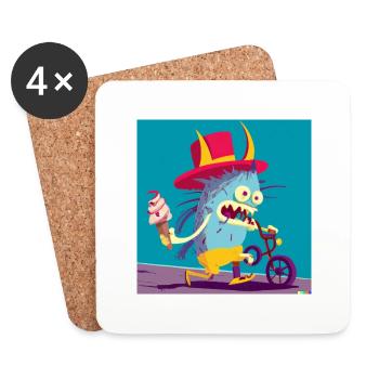 Monster pousse le vélo et mange de la crème glacée - Dessous de verre (lot de 4) - blanc - Devant