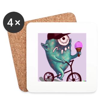 Monster sits on his bike and enjoys an ice cream - Coasters (set of 4) - white - Front