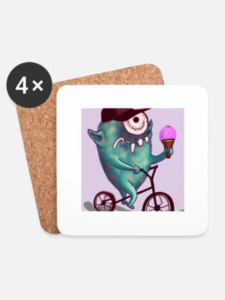 Monster sitzt auf seinem Rad und geniesst ein Eis - Untersetzer (4er-Set) - Weiß