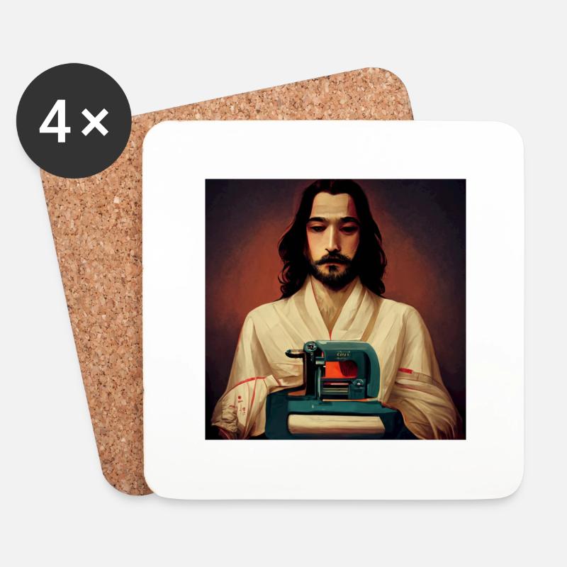 Jesus an der Nähmaschine - Untersetzer (4er-Set) - Weiß