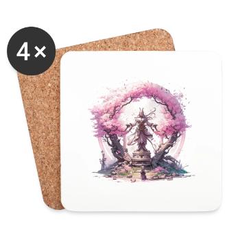 Statue under a cherry blossom tree - Coasters (set of 4) - white - Front