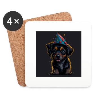 Chien avec chapeau d’anniversaire - Dessous de verre (lot de 4) - blanc - Devant