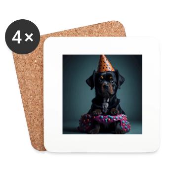 Chien avec chapeau d’anniversaire - Dessous de verre (lot de 4) - blanc - Devant