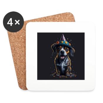Chien avec chapeau d’anniversaire - Dessous de verre (lot de 4) - blanc - Devant