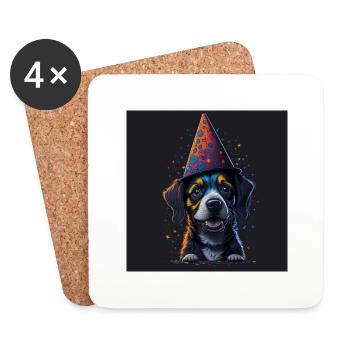 Chien avec chapeau d’anniversaire - Dessous de verre (lot de 4) - blanc - Devant