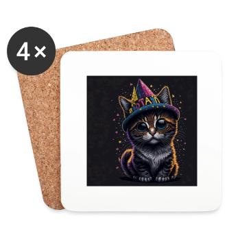 Chat avec chapeau d’anniversaire - Dessous de verre (lot de 4) - blanc - Devant