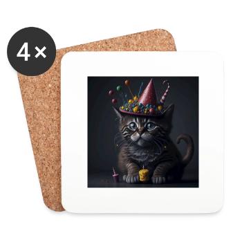 Chat avec chapeau d’anniversaire - Dessous de verre (lot de 4) - blanc - Devant