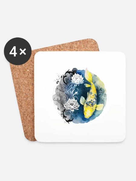 Koi Fish Lotus Flowers - Coasters (set of 4) - white