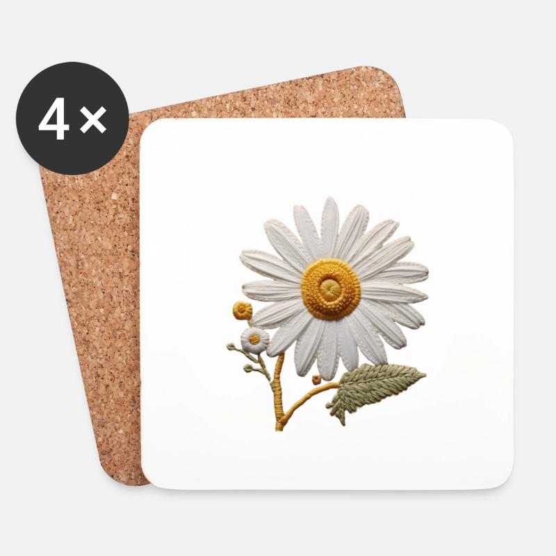 Embroidered Daisy - Coasters (set of 4) - white