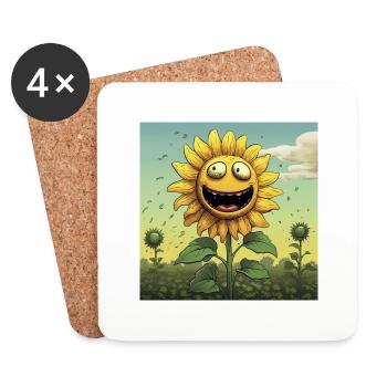 Lustighausen - Lachende Sonnenblume im Comic Stil - Untersetzer (4er-Set) - Weiß - Vorne
