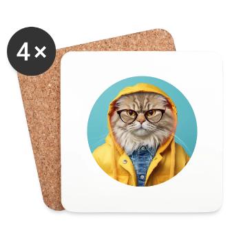 Strict cat with glasses in rain jacket - Coasters (set of 4) - white - Front