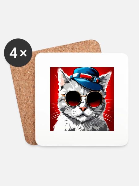 Stilvolle Katze mit Sonnenbrille und Zylinder - Untersetzer (4er-Set) - Weiß