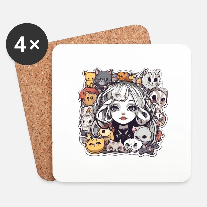 Gothic-Mädchen und Katzen - Untersetzer (4er-Set) - Weiß