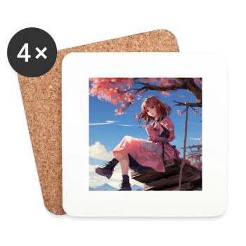 Anime-Girl sitzend Blütentraum - Untersetzer (4er-Set) - Weiß - Vorne