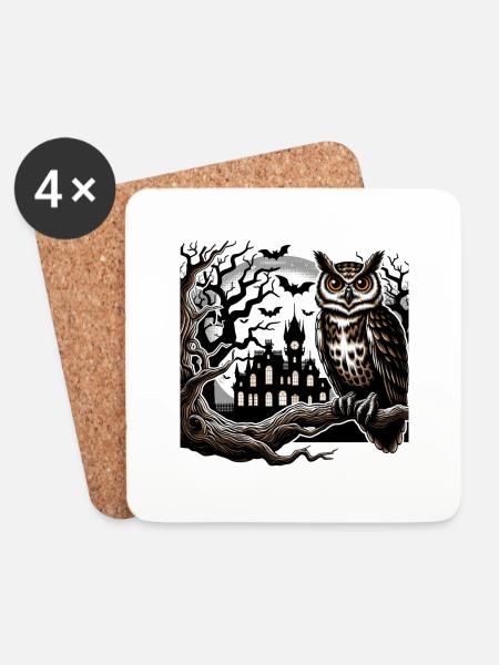 Owl Halloween and Haunted Castle - Coasters (set of 4) - white