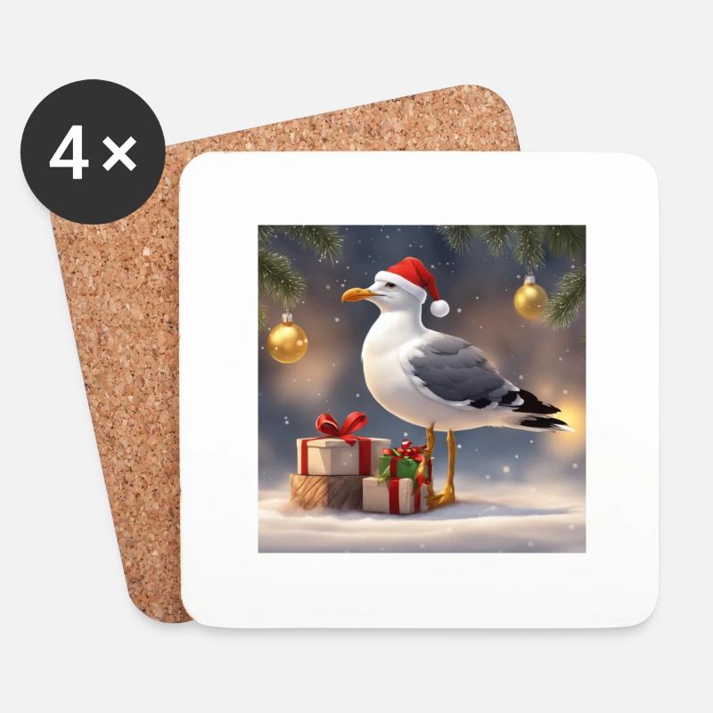 Stolze Möwe mit roter Wollmütze an Weihnachten - Untersetzer (4er-Set) - Weiß