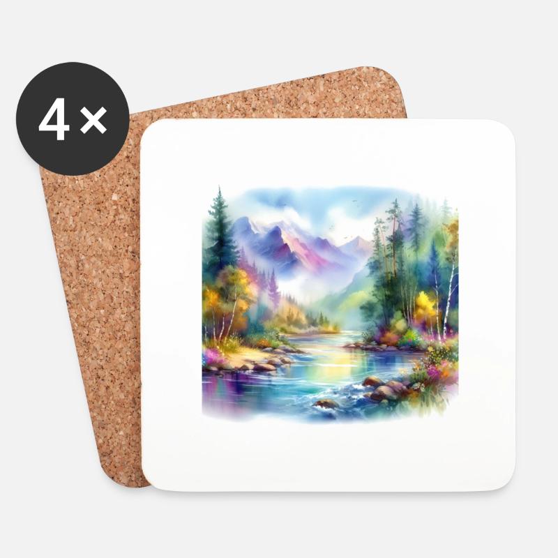 Bunte Aquarell Landschaft - Untersetzer (4er-Set) - Weiß