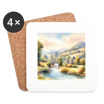 Aquarellmalerei Landschaft mit Dorf und Brücke - Untersetzer (4er-Set) - Weiß - Vorne