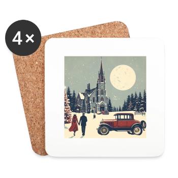 Église dans la forêt en hiver - Dessous de verre (lot de 4) - blanc - Devant