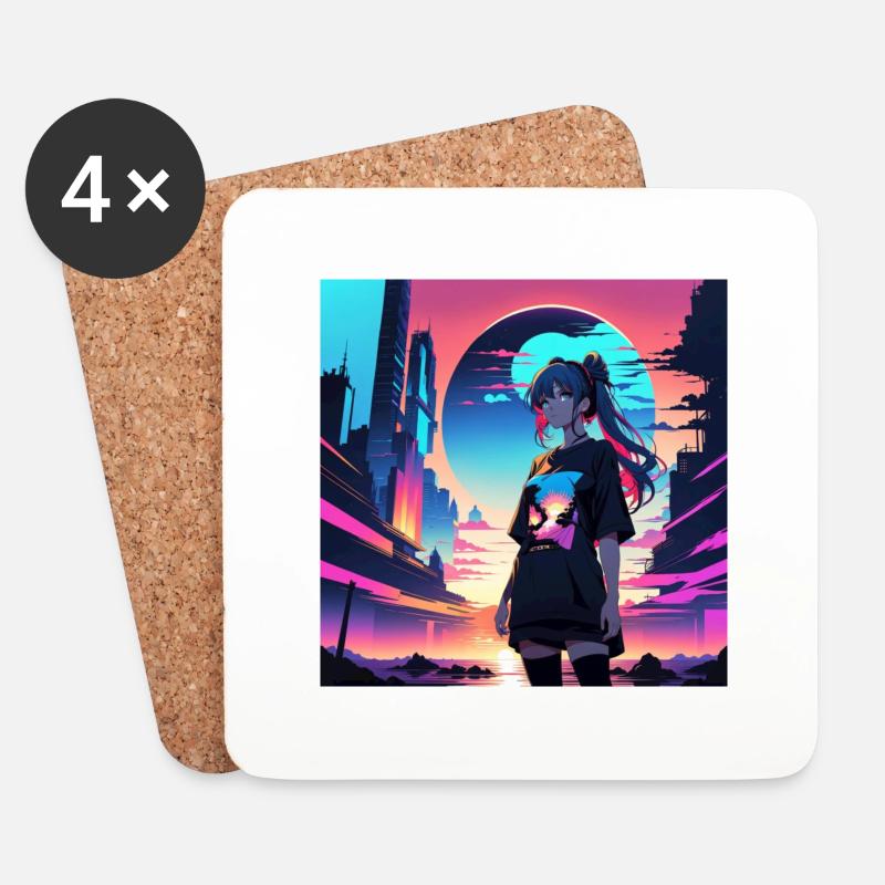 Vaporwear Anime Mädchen - Untersetzer (4er-Set) - Weiß