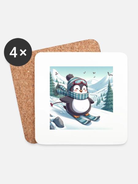 Ski Pinguin - Untersetzer (4er-Set) - Weiß