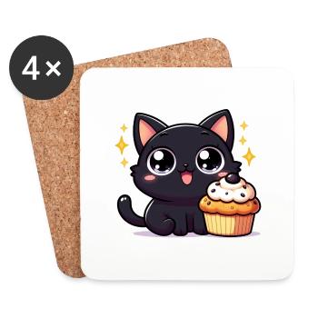 Sweet Kitty Schwarz mit grossen Augen und Cupcake - Untersetzer (4er-Set) - Weiß - Vorne
