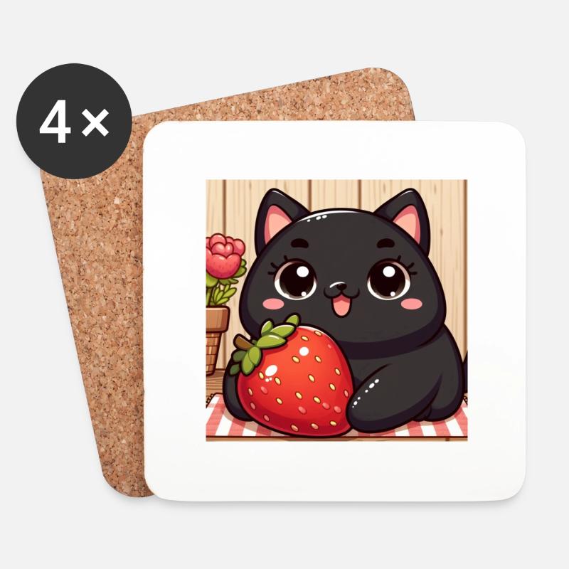 Sweet Kitty Schwarz mit Erdbeere und Blume - Untersetzer (4er-Set) - Weiß
